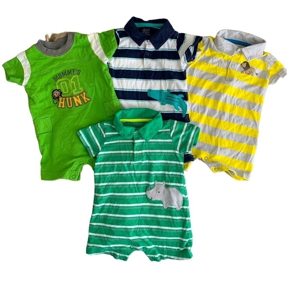 Carter's Baby Short Sleeve Striped Rompers Green Blue & Yellow